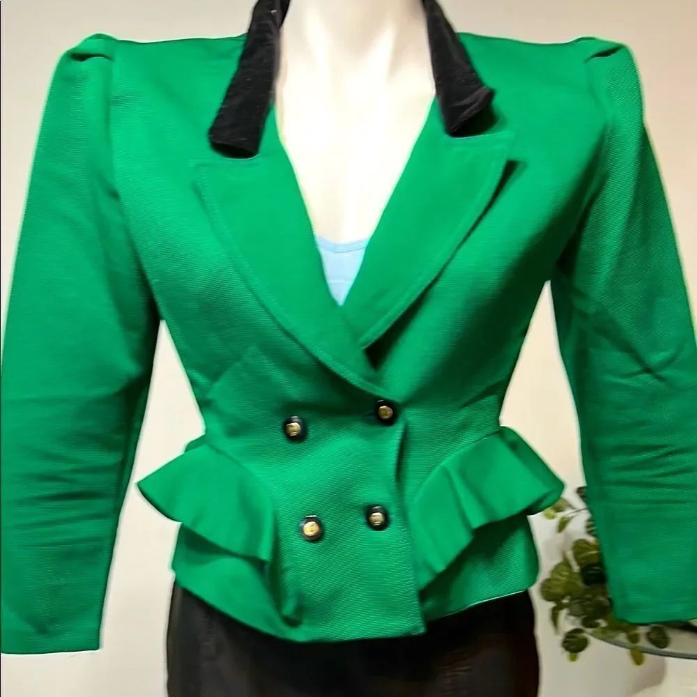 Emerald Green Blazer with Black Collar and Peplum Style